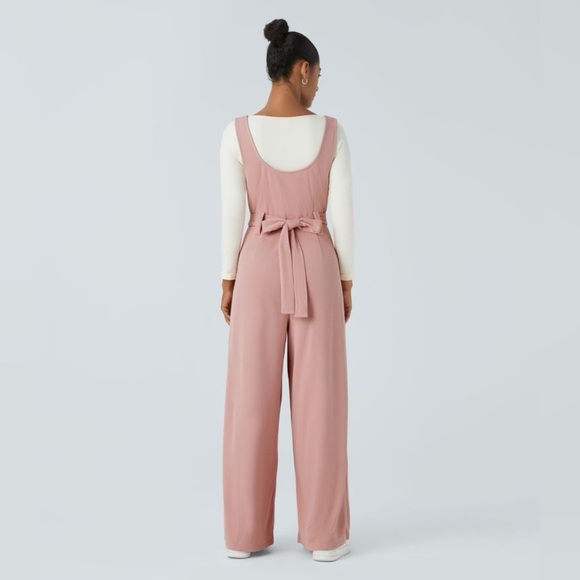 HALARA‎ Ribbed Asymmetric Neck Sleeveless Button Belted Wide Leg Casual Jumpsuit - Picture 8 of 13